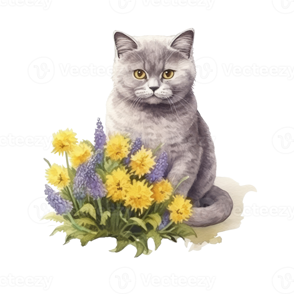 Smiling cute british short hair in cat holding bouquet in colorful flowers  isolated warm background. Concept of phonographic in art digital of animal  abstract profile. Glorious generative AI. Stock Illustration