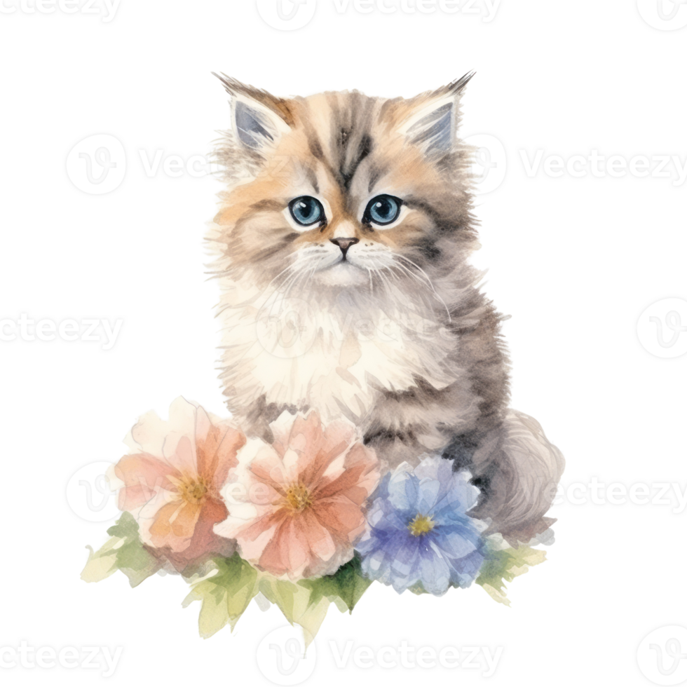 Watercolor painting of Cute Persian Kitten isolated transparent background, Digital art, image file format, , png