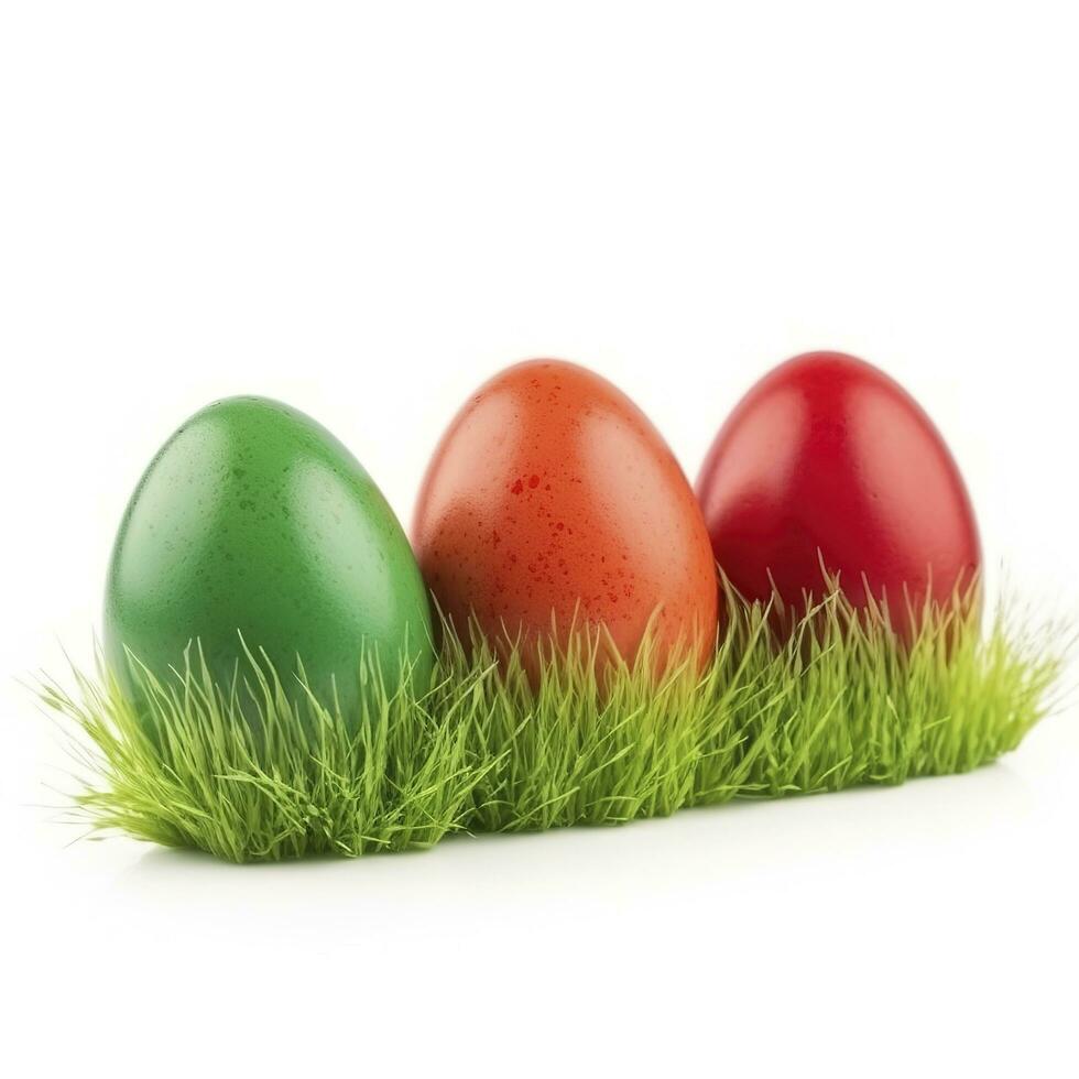 Easter eggs in green grass isolated on white background, generate ai photo