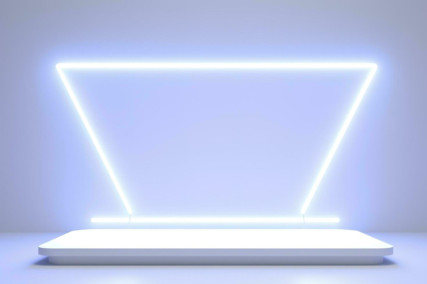 Realistic podium display with neon white lights, Product display background with light frame, White prodium product display with light effect, neon lights background, generate ai photo