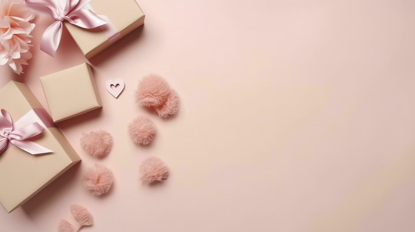 rosas y regalo cajas en rosado fondo, espacio para texto, generar ai foto