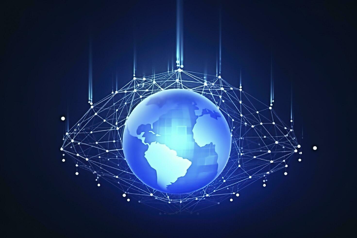 Global network on Earth concept. 3D rendering, World map point. Big data analytics and business concept, world map point and line composition concept of global business, generate ai photo