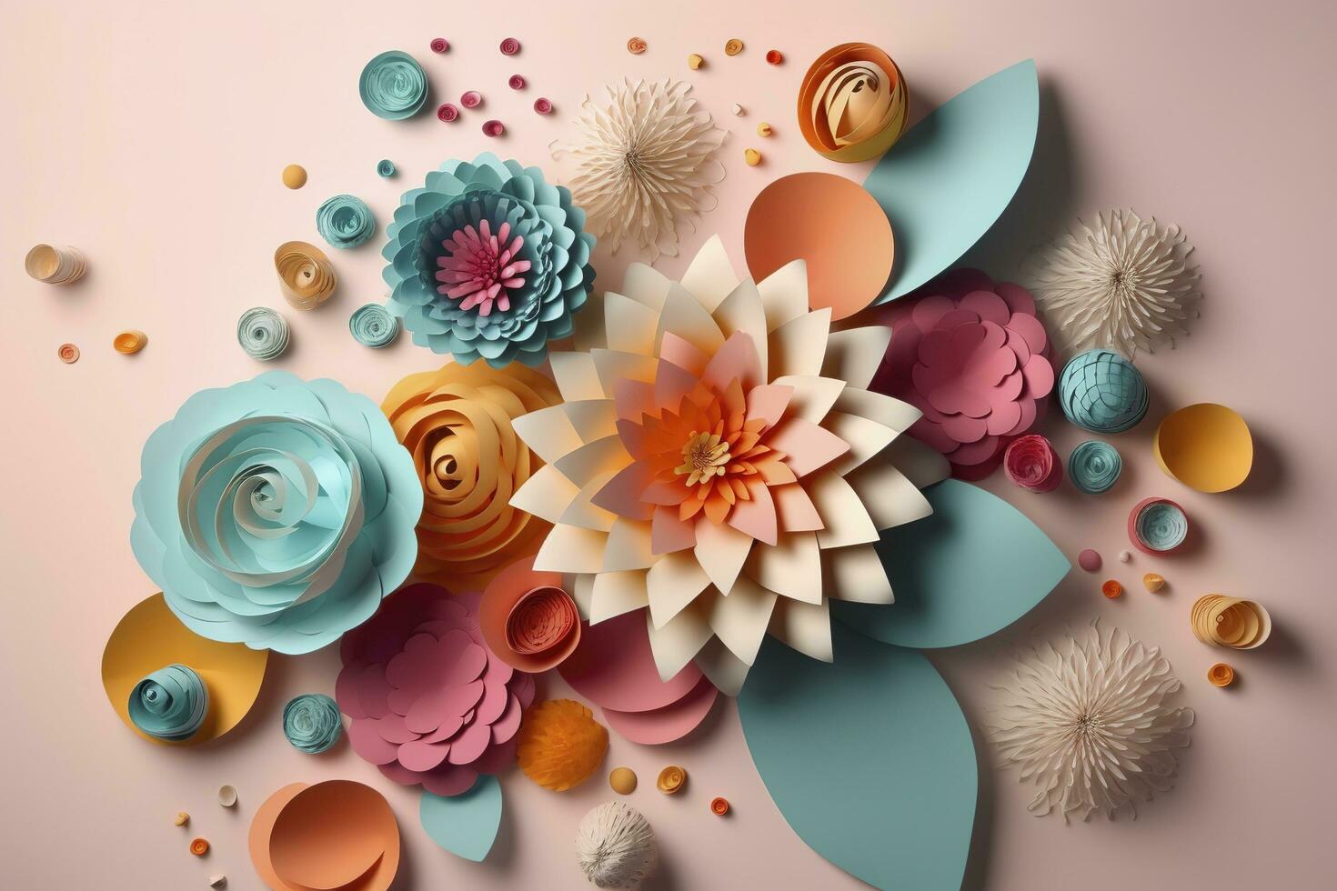 3d floral craft wallpaper. orange, rose, green and yellow flowers in light background. for kids room wall decor, generate ai photo