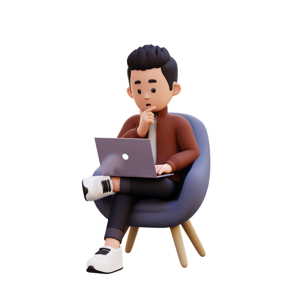 3d male character sitting on a sofa and working on a laptop with thinking pose png