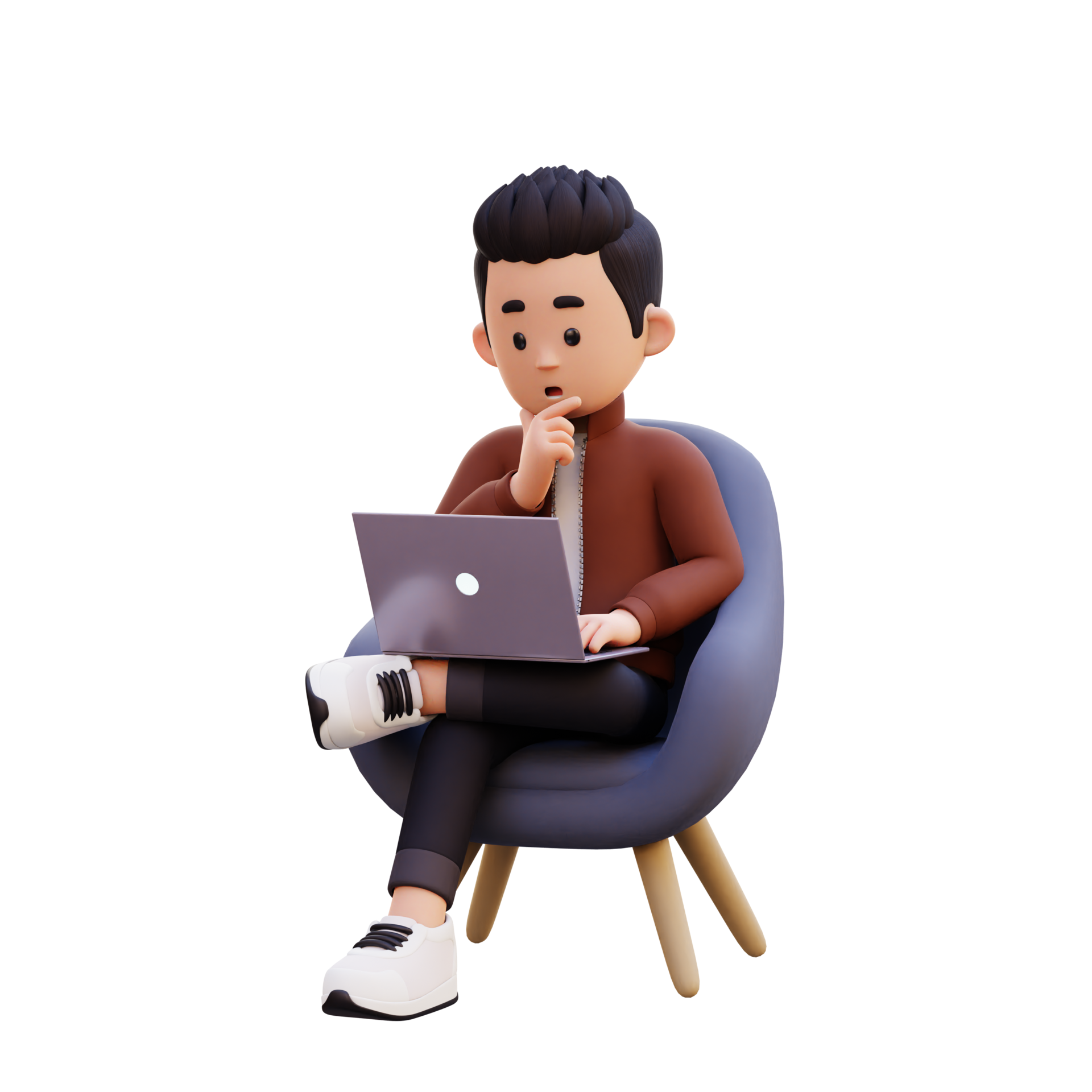 3d male character sitting on a sofa and working on a laptop with