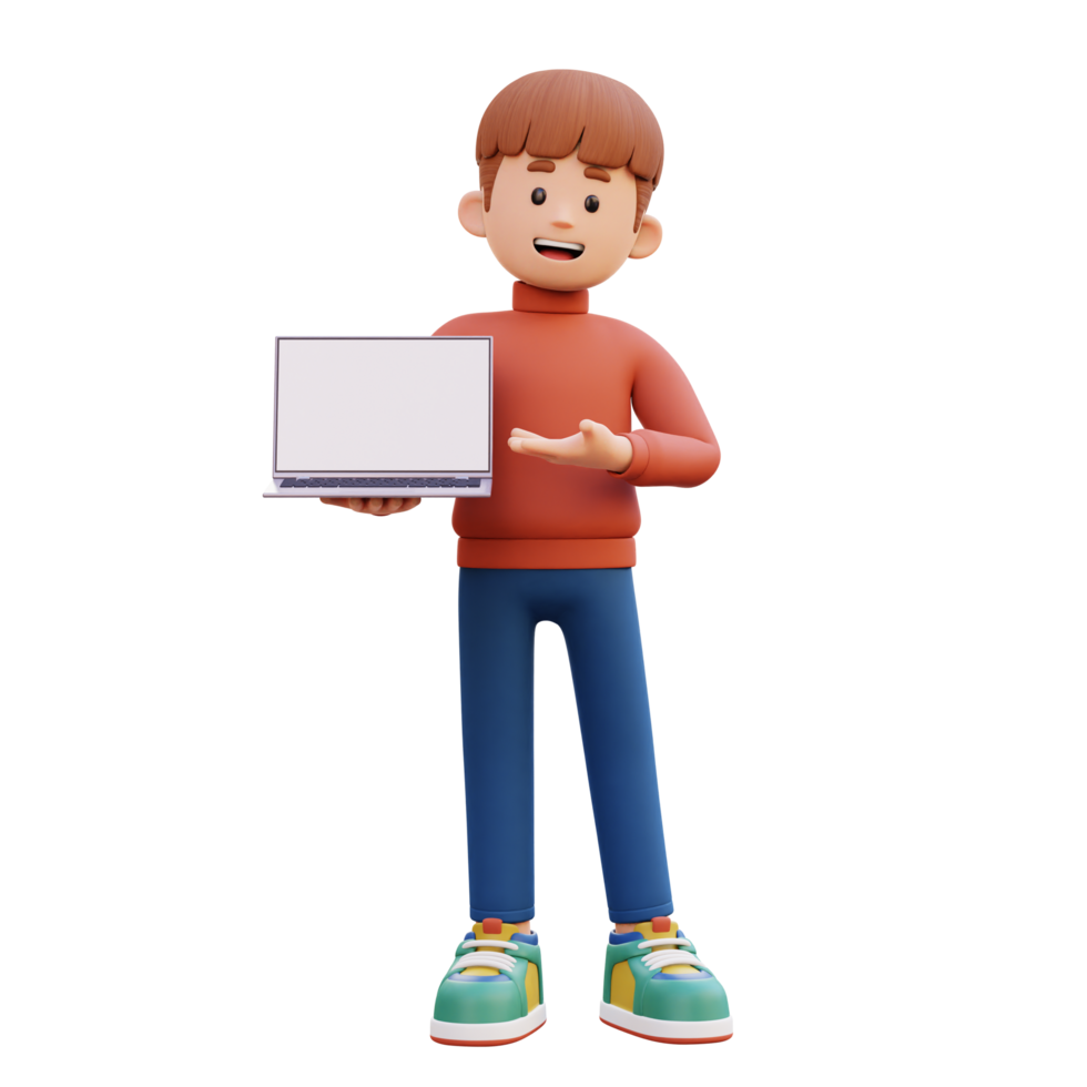 3d male character holding and presenting to a laptop with empty screen png
