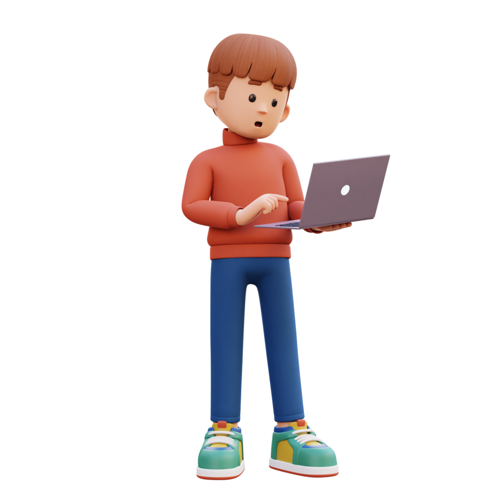 3d male character standing confused working on a laptop png