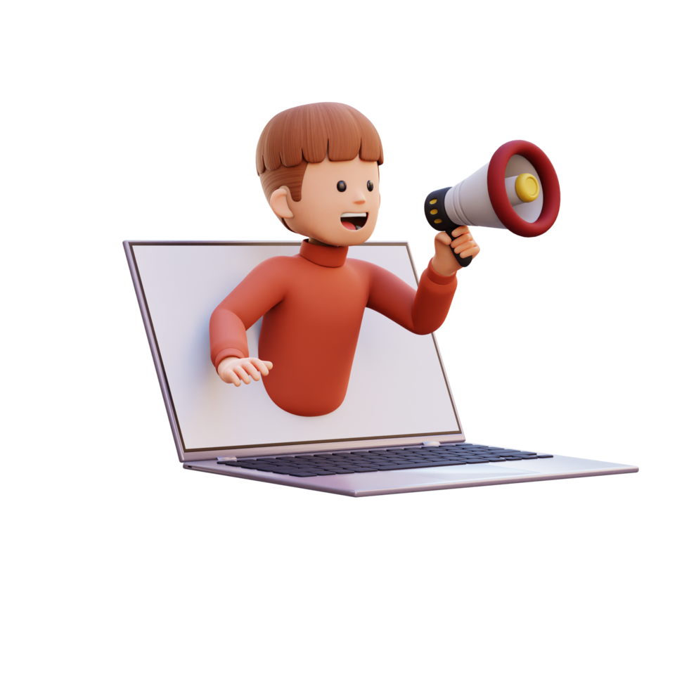 3d male character jumping out from computer screen and holding a megaphone png
