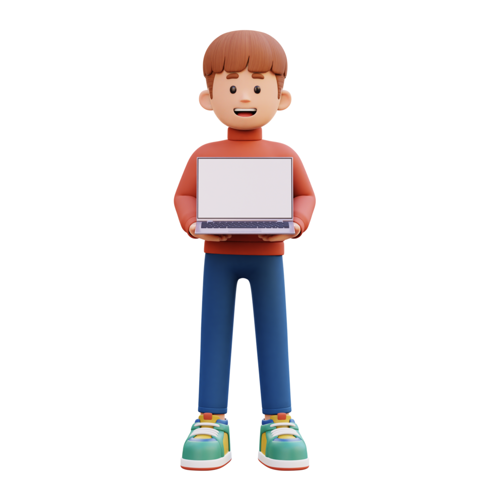 3d male character holding and presenting a laptop with empty screen png