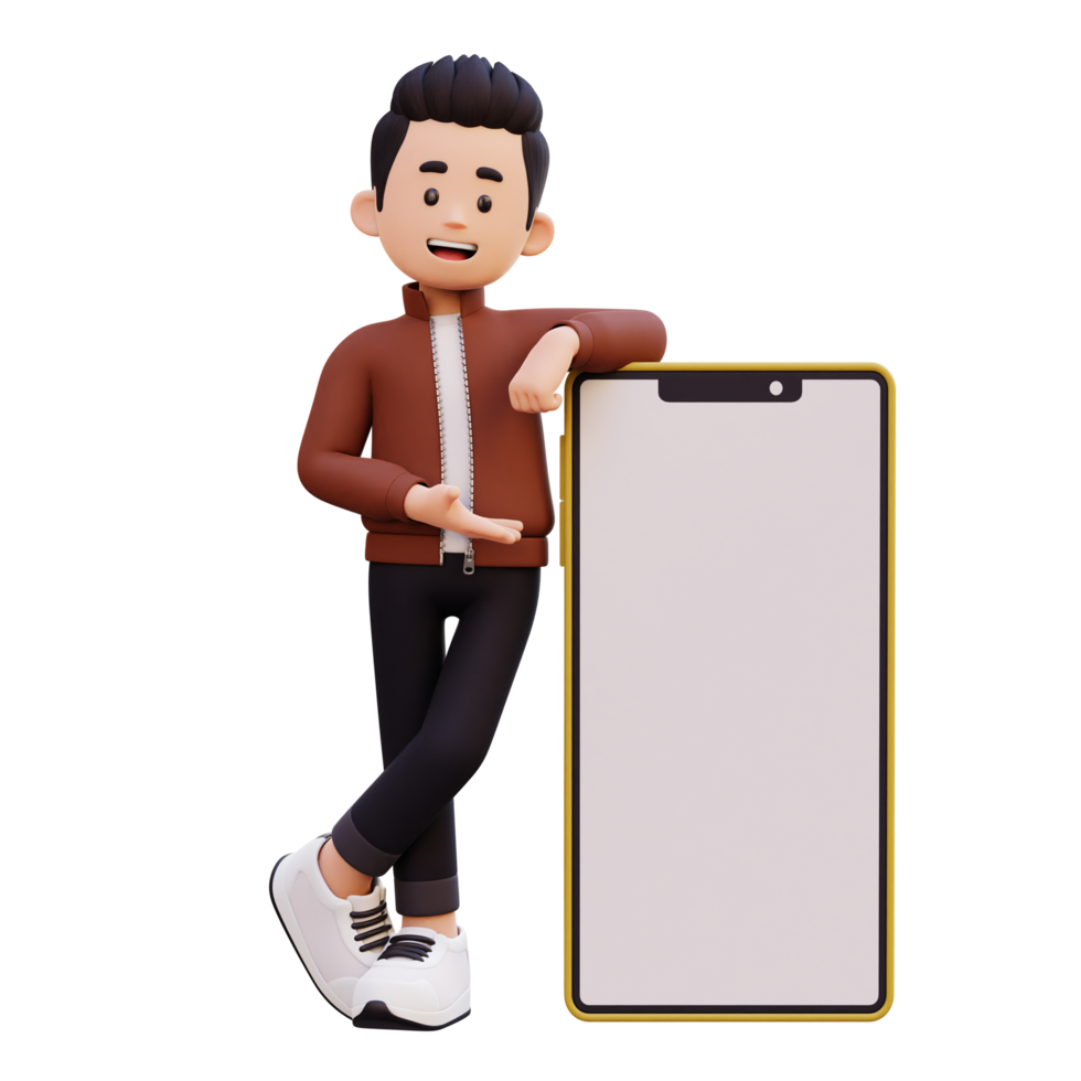 3d male character laying and presenting on a big smart phone with empty screen png