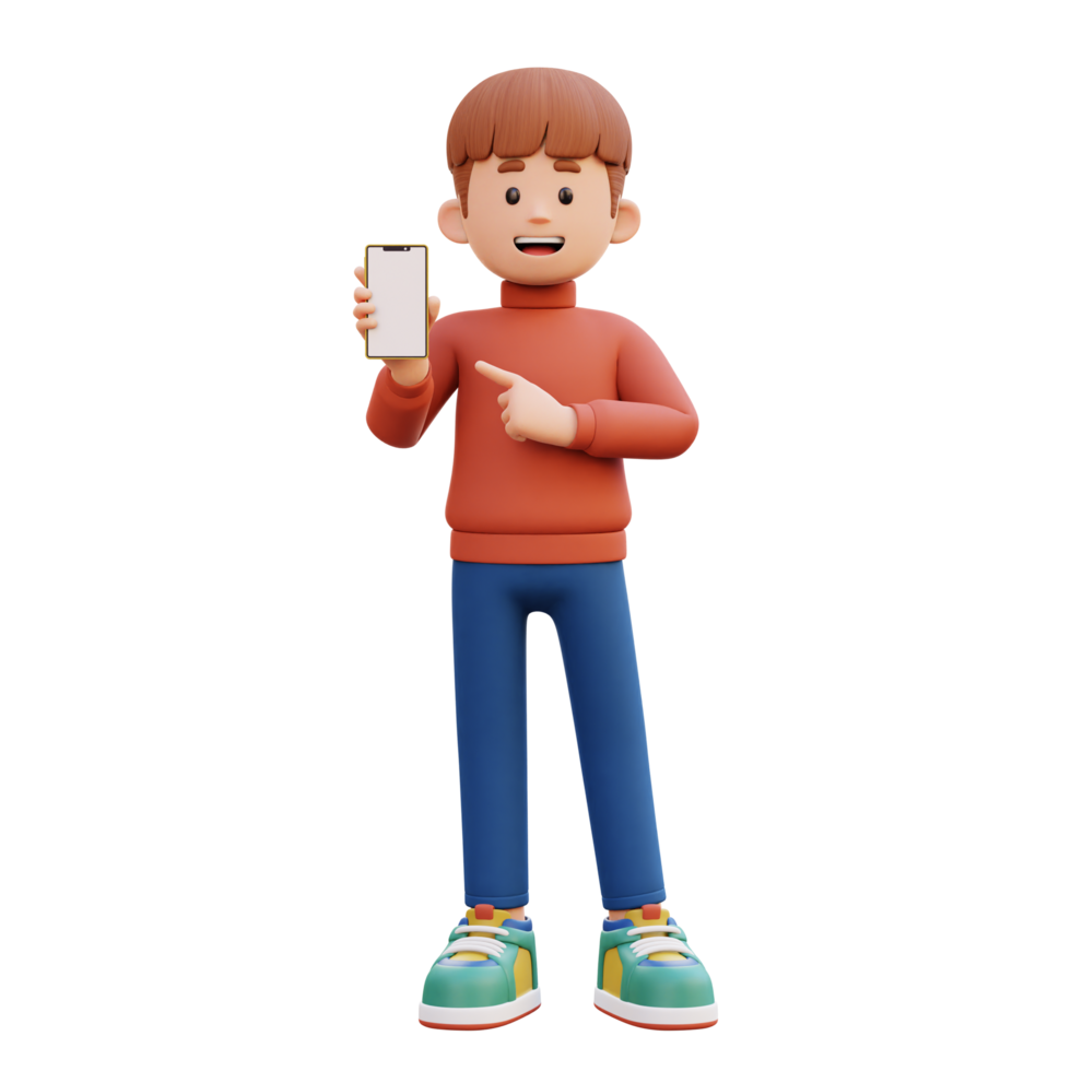 3d male character holding and pointing to a smart phone with empty screen png