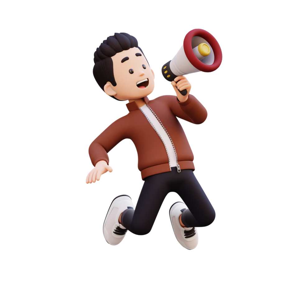 3d male character jumping and holding a megaphone png