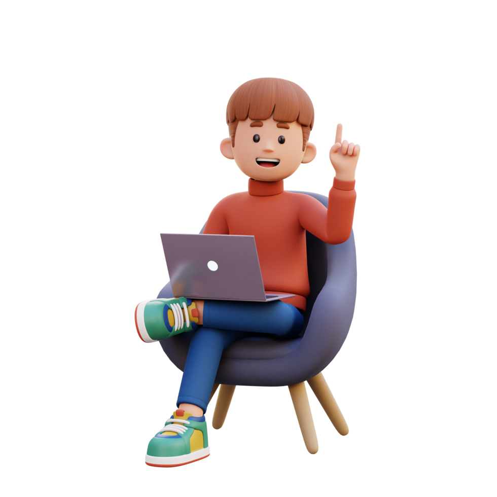 3d male character get an idea while sitting on a sofa and working on a laptop png