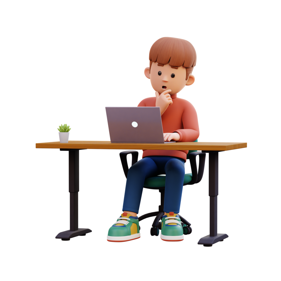 3d male character thinking and working on a laptop png