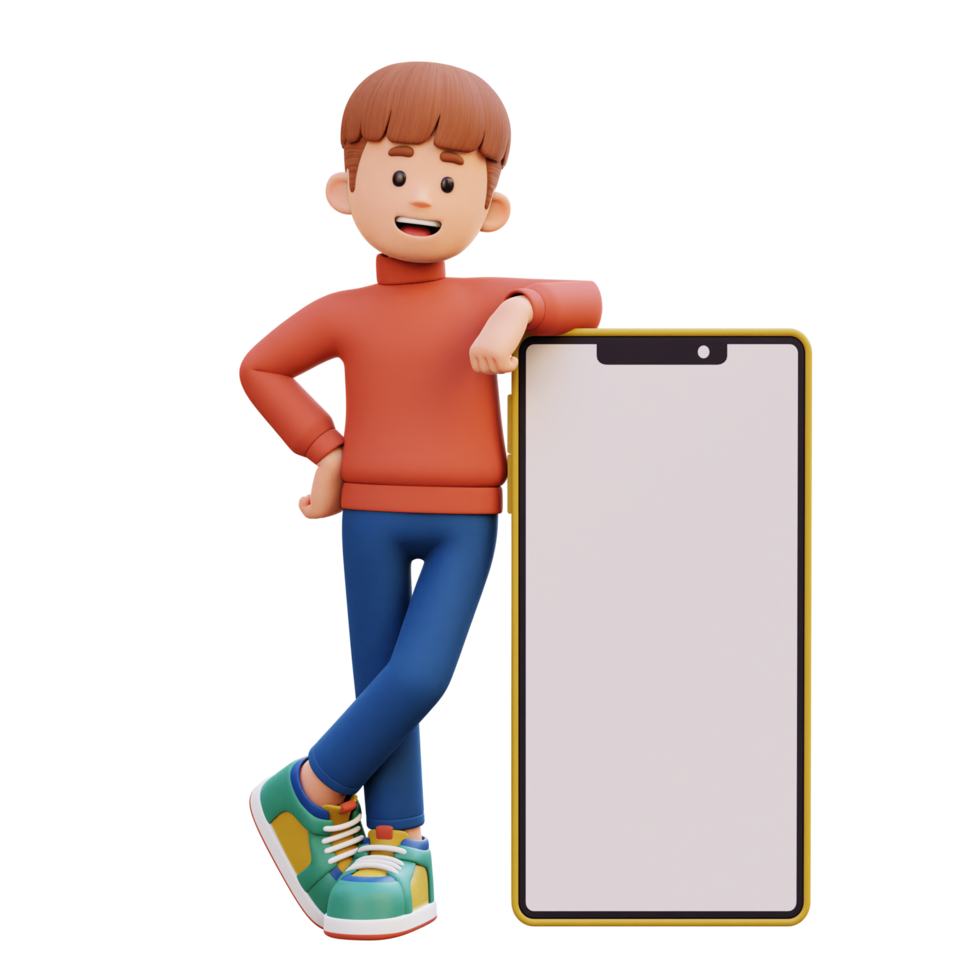 3d male character laying on a big smart phone with empty screen png