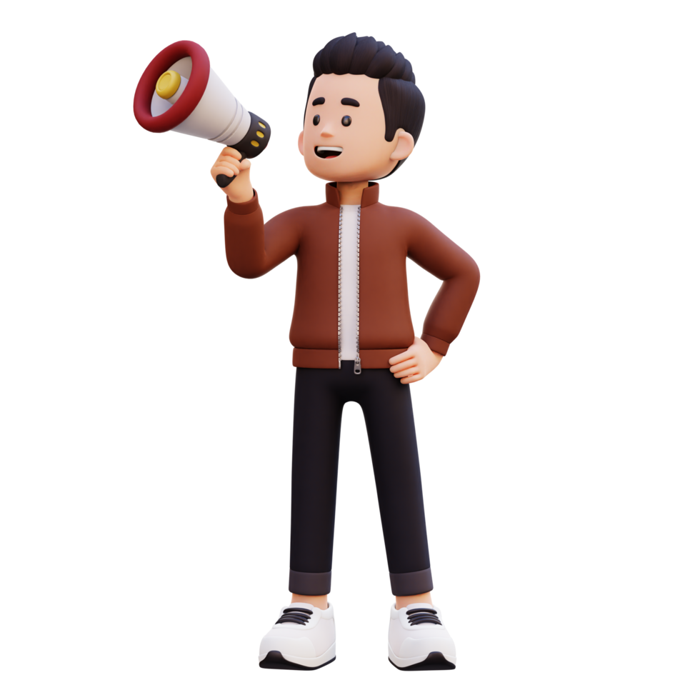 3d male character give announcement use megaphone png