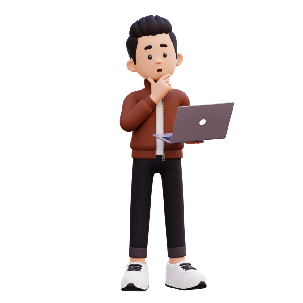 3d male character thinking and working on a laptop png