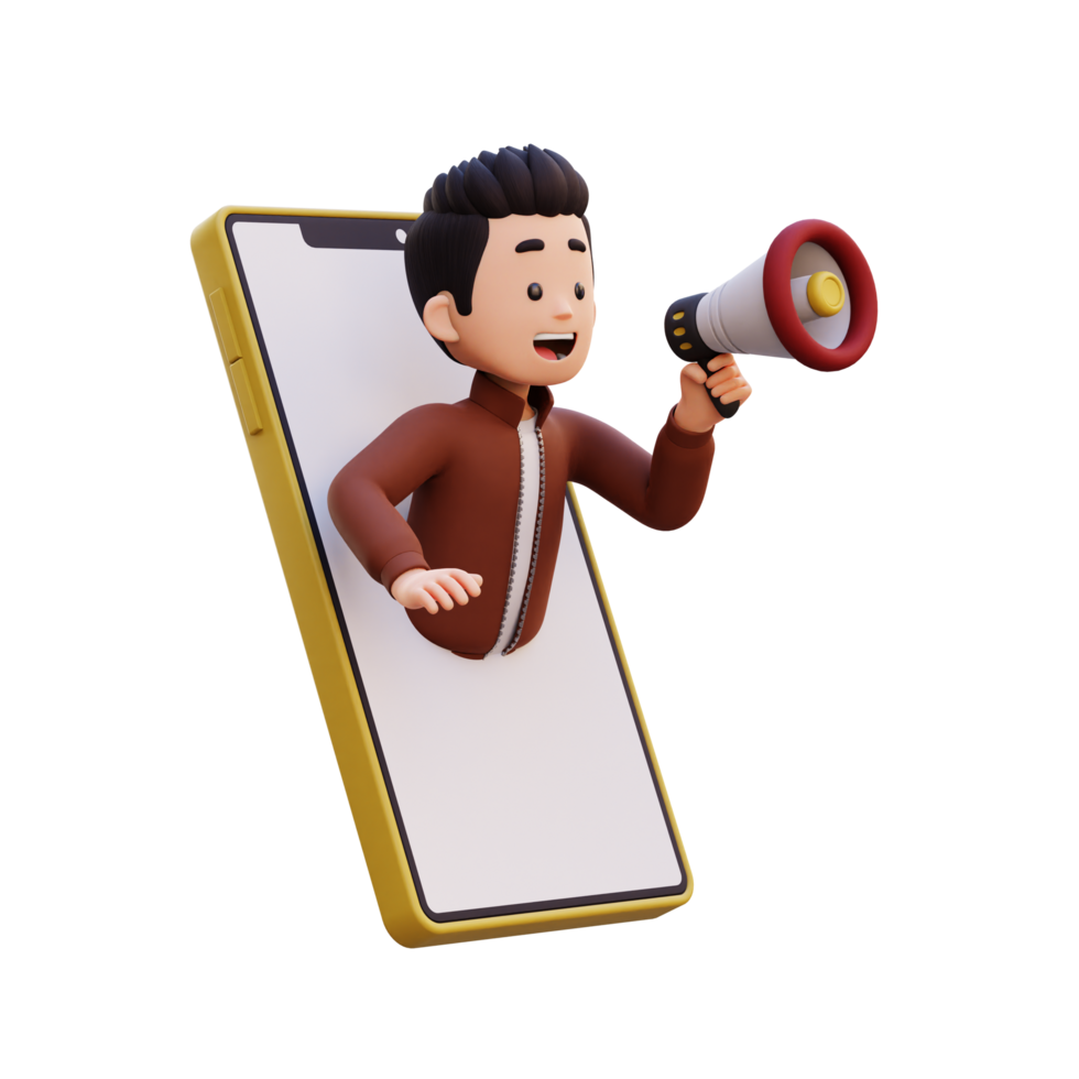 3d male character jumping out from smart phone screen and holding a megaphone png