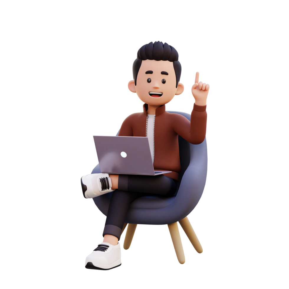 3d male character get an idea while sitting on a sofa and working on a laptop png