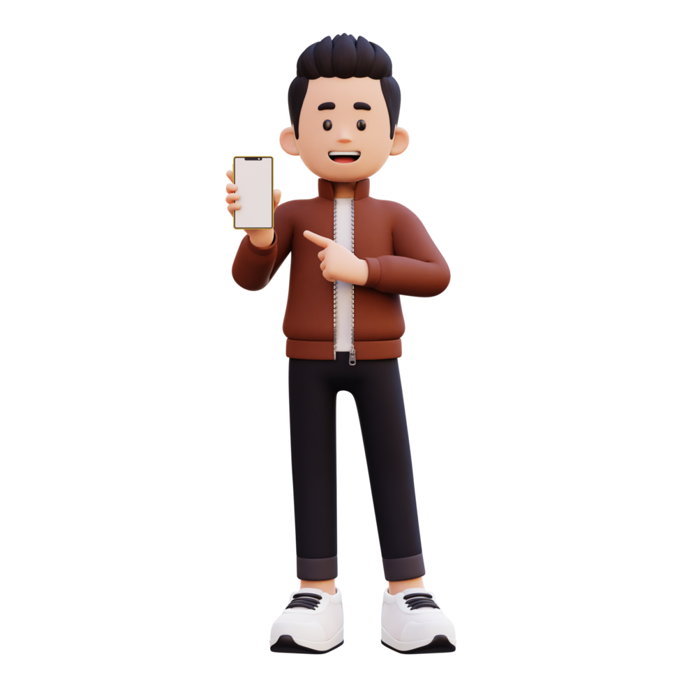 3d male character holding and pointing to a smart phone with empty screen png