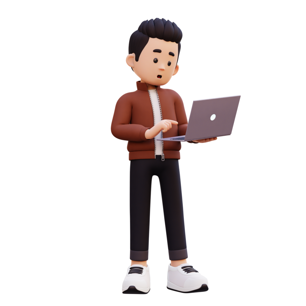 3d male character standing confused working on a laptop png