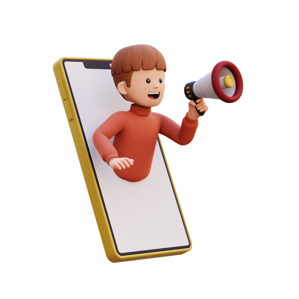 3d male character jumping out from smart phone screen and holding a megaphone png