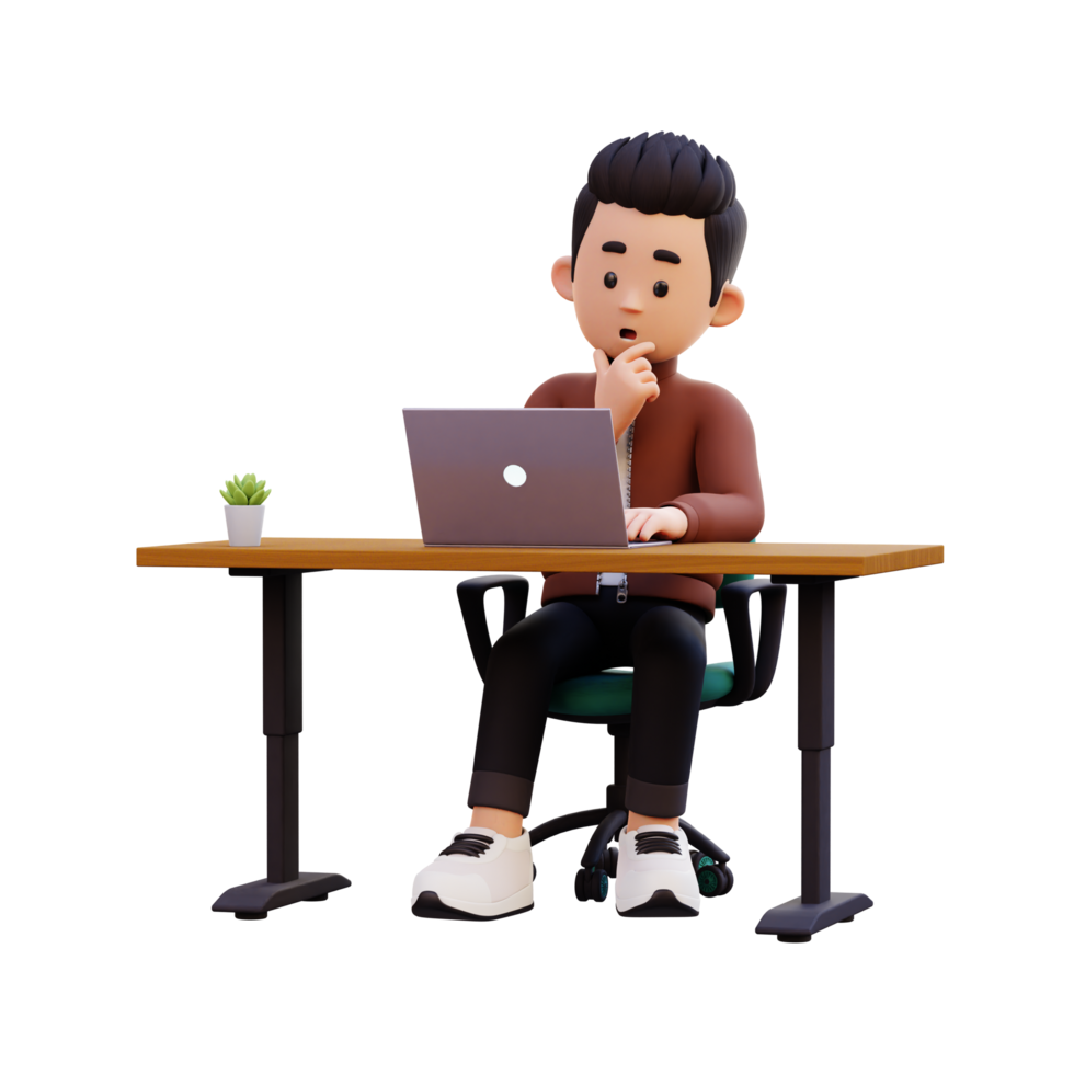 3d male character thinking and working on a laptop png