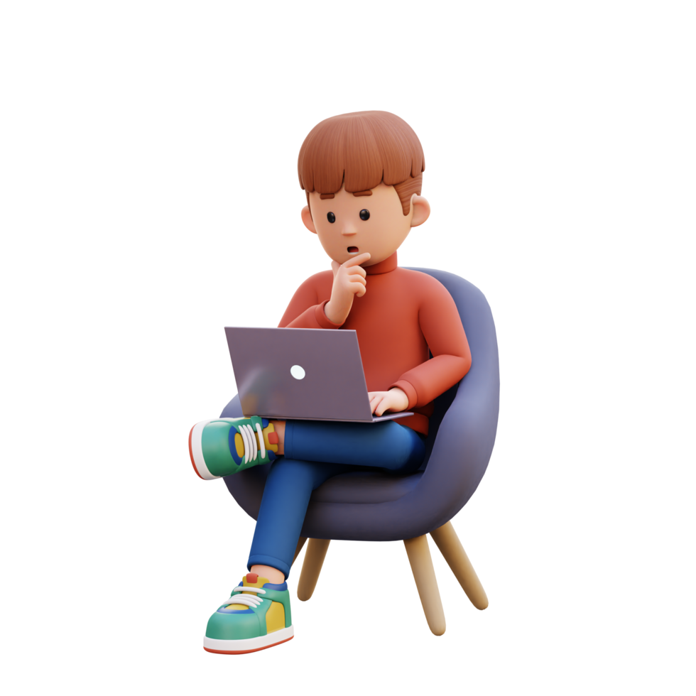 3d male character sitting on a sofa and working on a laptop with thinking pose png