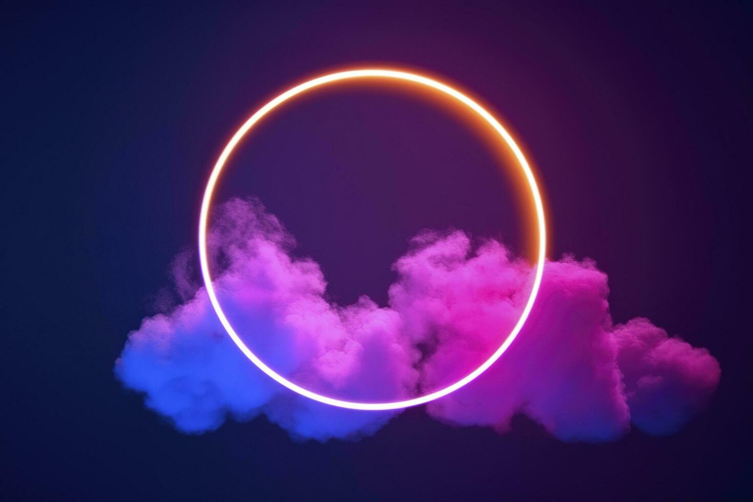 3d render, abstract cloud illuminated with neon light ring on dark night sky. Glowing geometric shape, round frame, generate ai photo