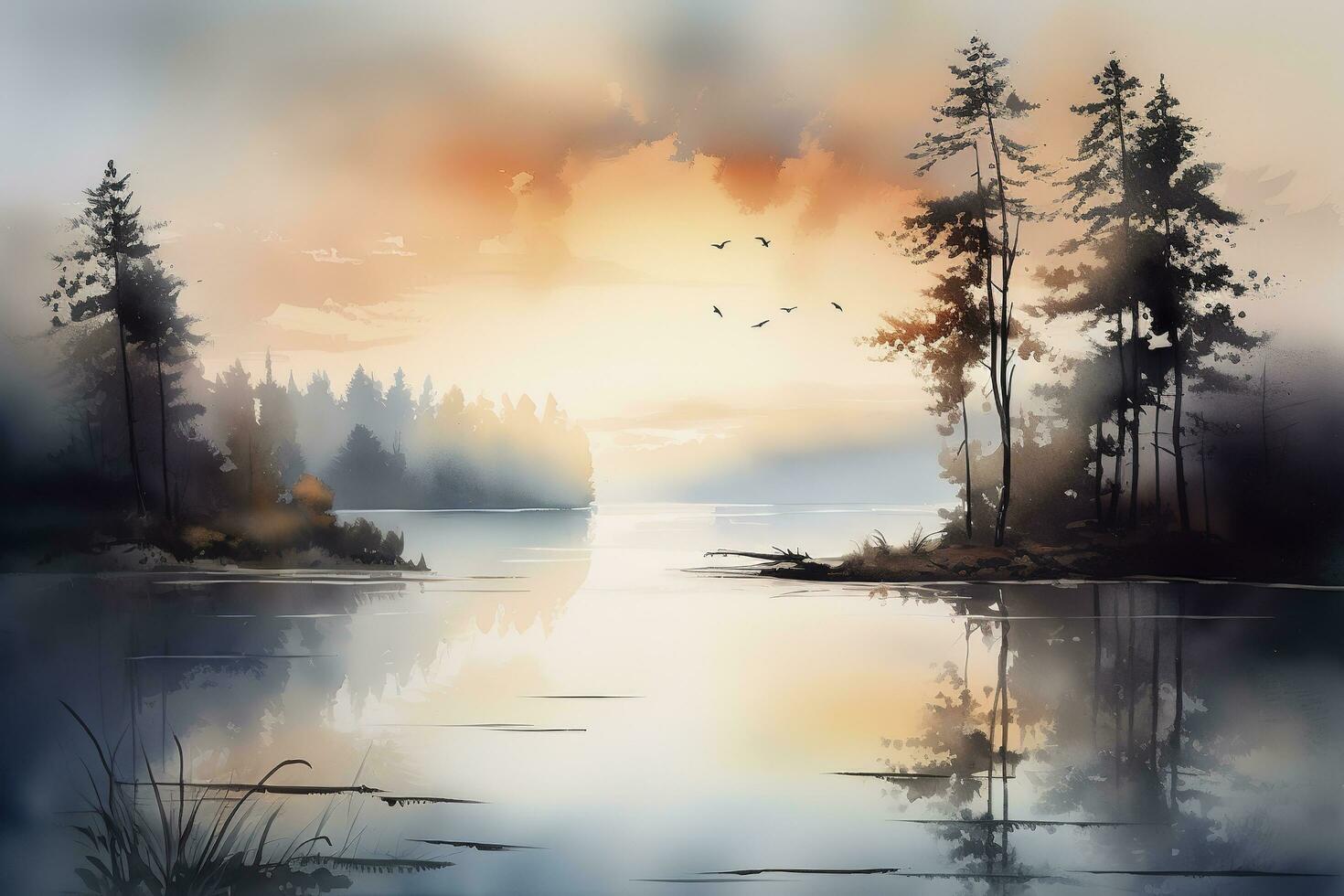 A lake district inspired digital watercolour landscape scene , generate ai photo