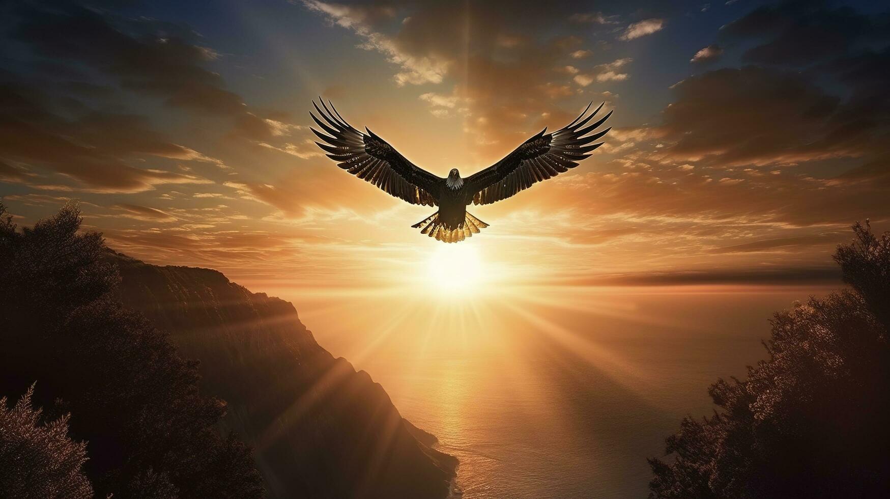 Fish Eagle flying above clouds, generate ai photo