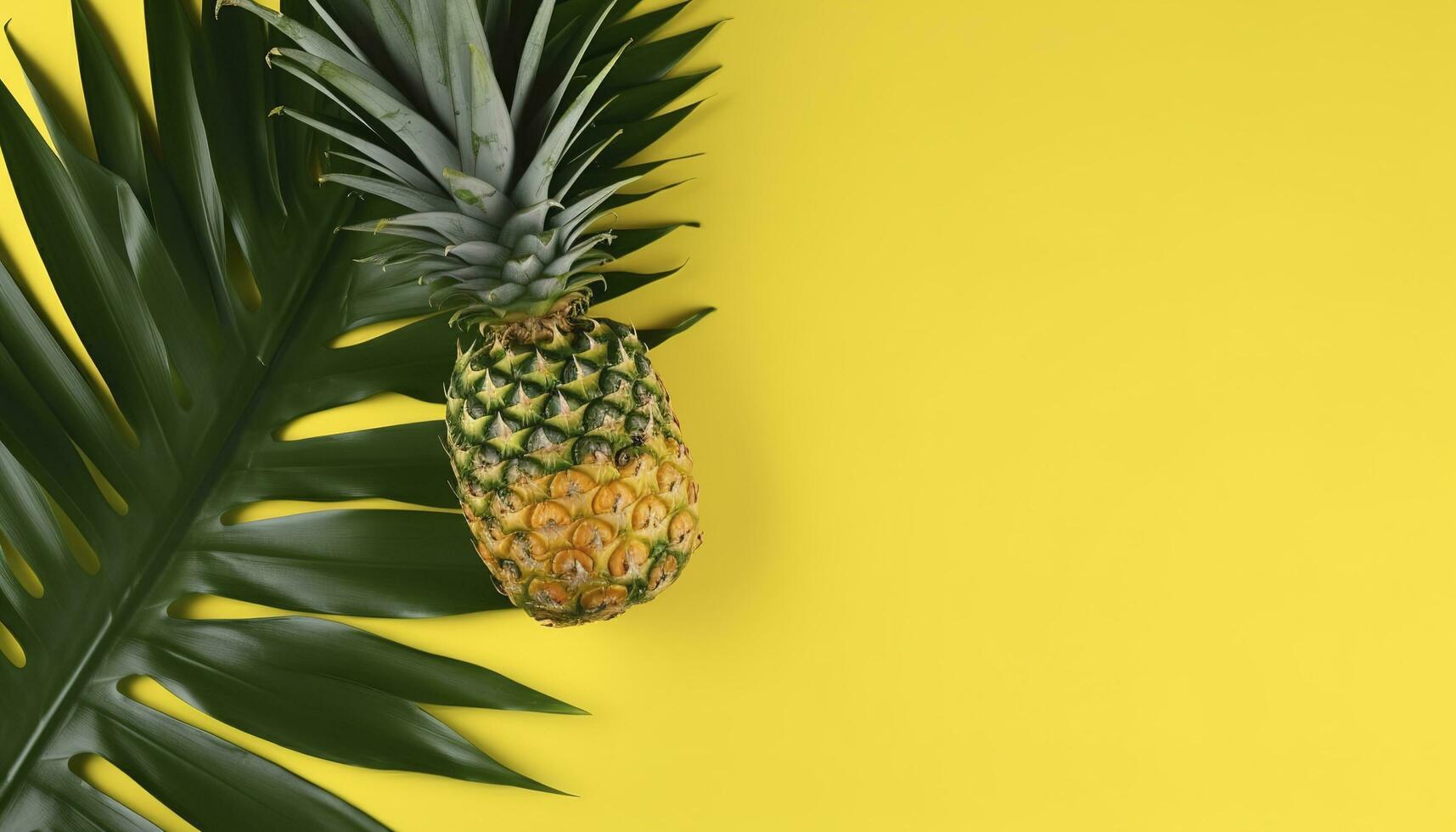 Top view of fresh pineapple with tropical leaves on yellow background , generate ai photo