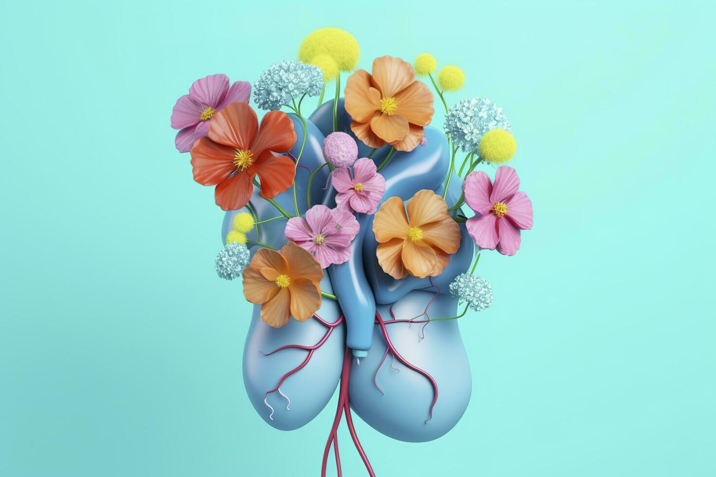 Human kidney with flowers, pastel colors, on blue background, 3d render and illustration, generate ai photo
