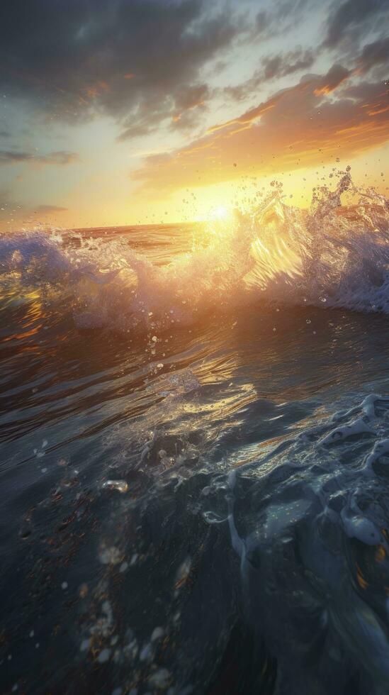 Magical red sunset in the open sea red sky and ocean waves at dusk beautiful sunset above the sea sunset background, generate ai photo