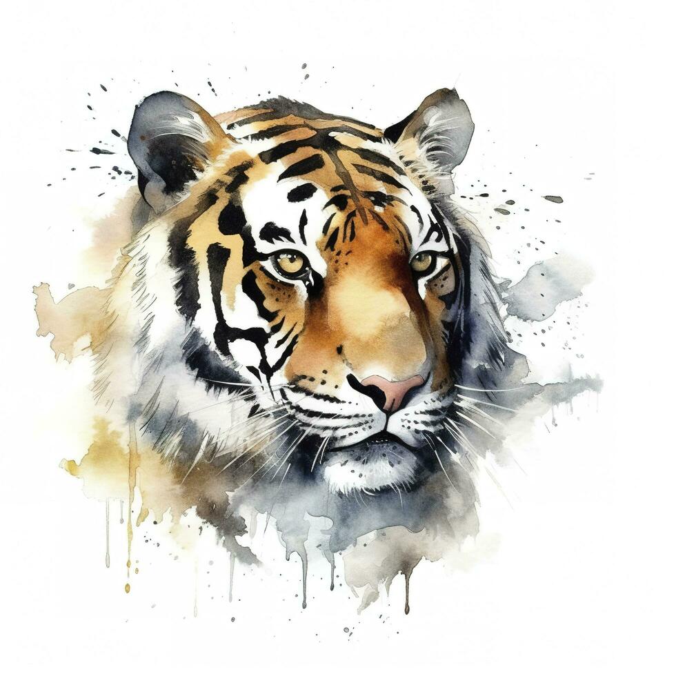 isolated tiger watercolour splashes with ink painting, llustration art, generate ai photo