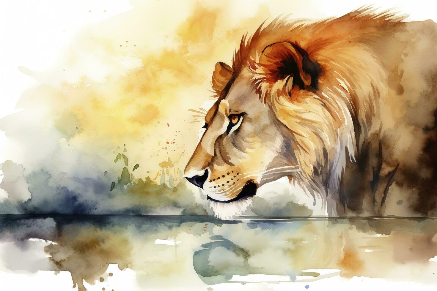 A lion drinking from a river at sunset watercolor painting, beautiful natural forms, crisp clean shapes, colorful, white background , generate ai photo