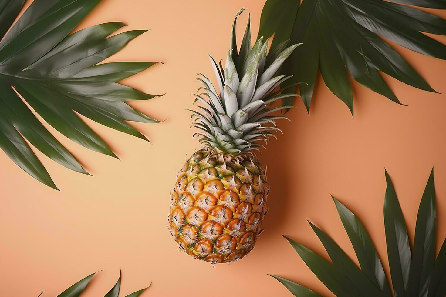 Top view of fresh pineapple with tropical leaves on pastel orange background. , generate ai photo