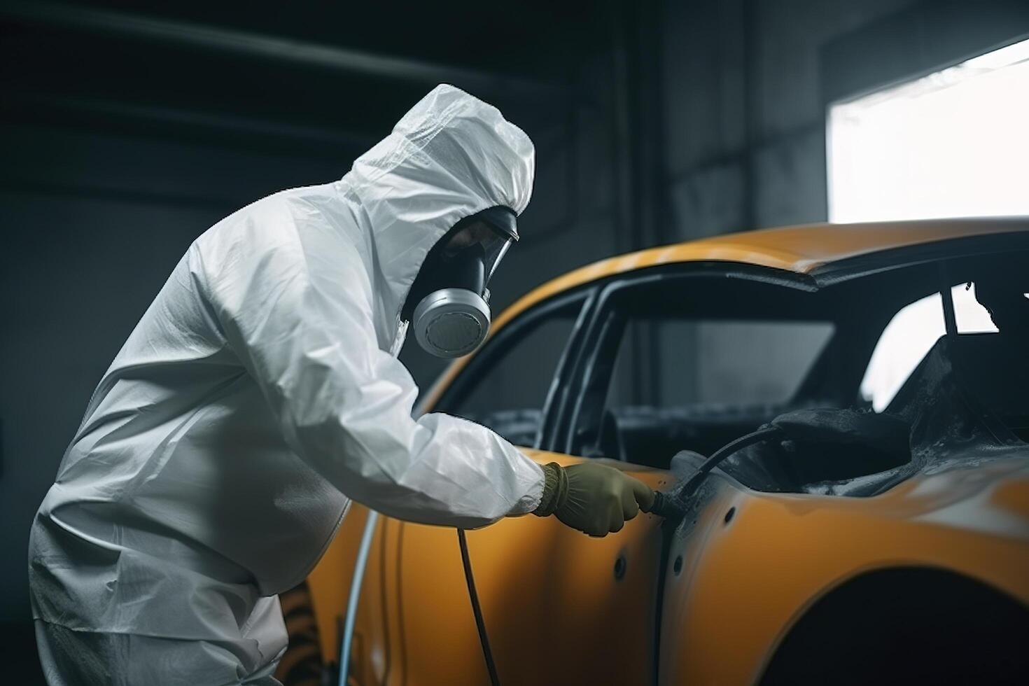 Car painter in protective clothes and mask painting a car, mechanic using a paint spray gun in a painting chamber. Bodywork, paint job, car service, bodypaint garage. image photo