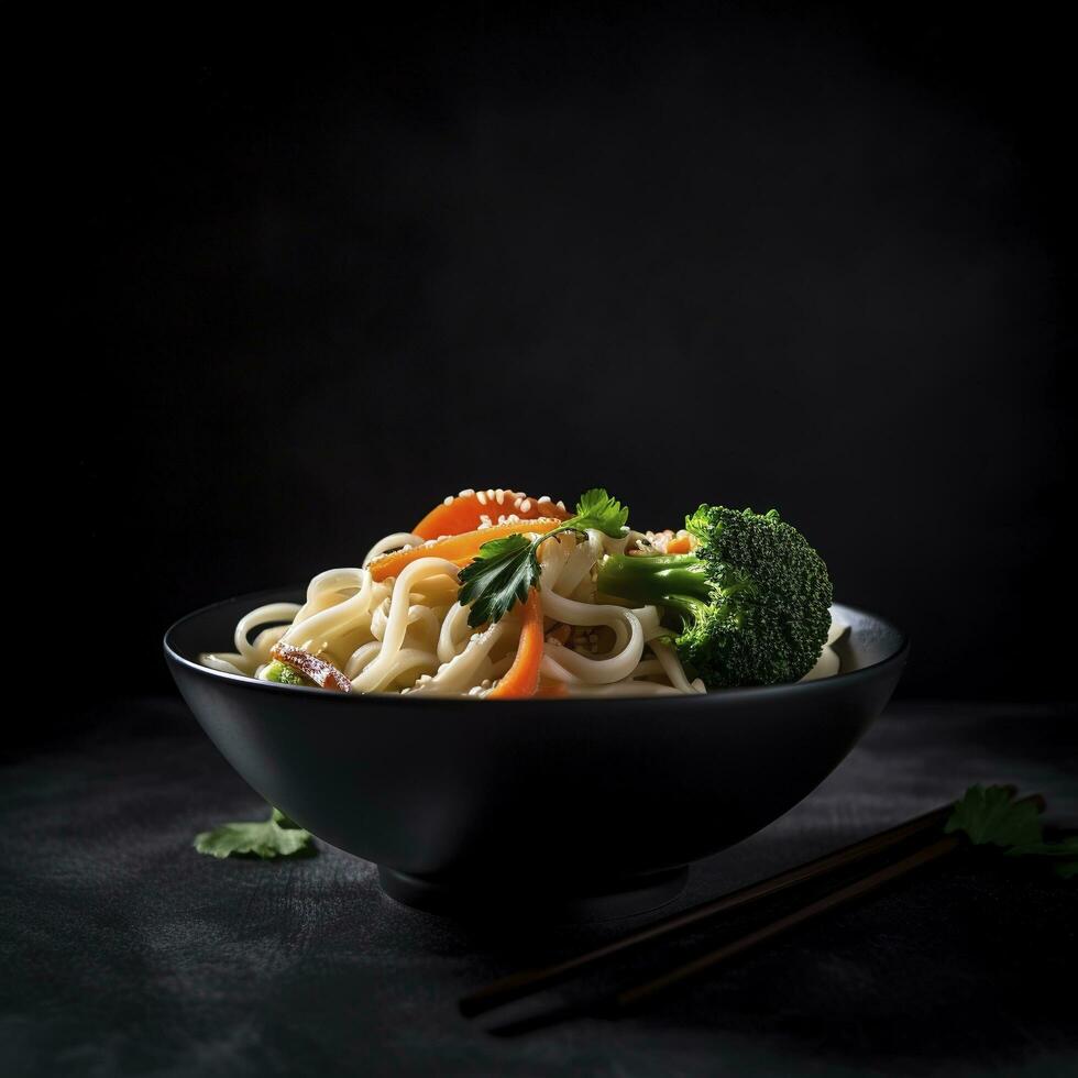 Udon stir fry noodles with chicken and vegetables on black background. hot wok with chicken steaming over plate, generate ai photo