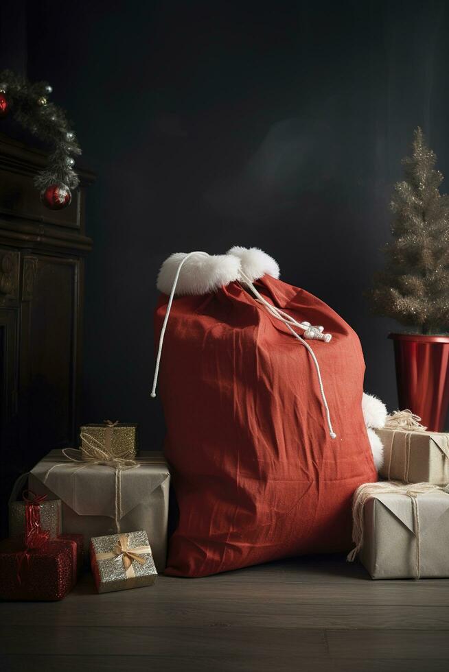 Papa Noel claus soplo magia nieve de su manos, generar ai foto