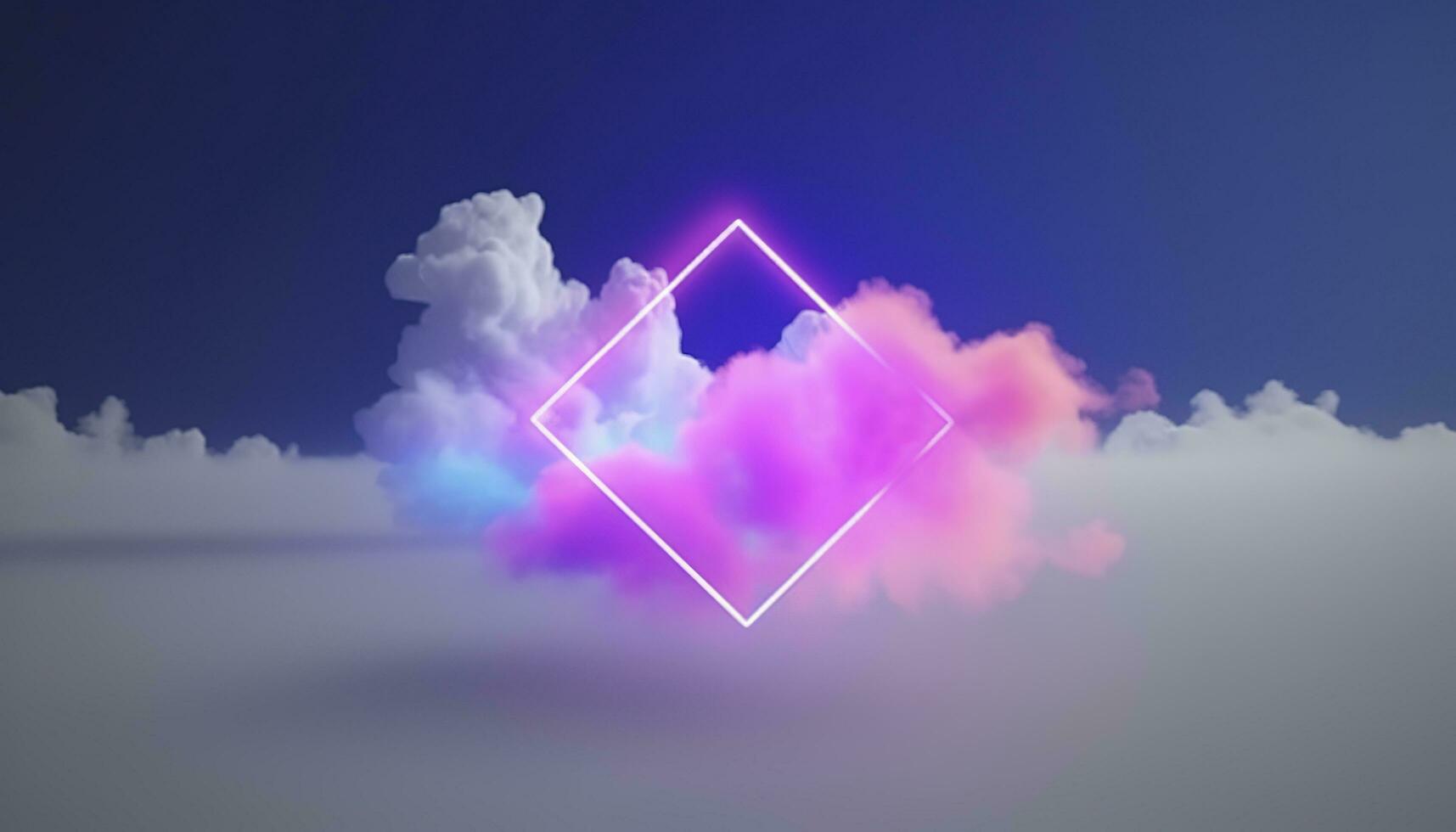 3d render, abstract minimal background with pink blue yellow neon light square frame with copy space, illuminated stormy clouds, glowing geometric shape, generate ai photo