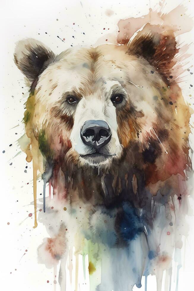 Watercolor bear painting painting stylized paint wallpaper minimalism brown bear landscape summer stones, generate ai photo