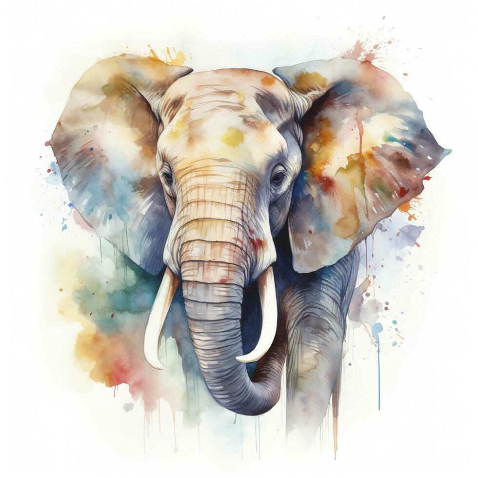 A elephant  watercolor painting, beautiful natural forms, crisp clean shapes, colorful, white background, generate ai photo