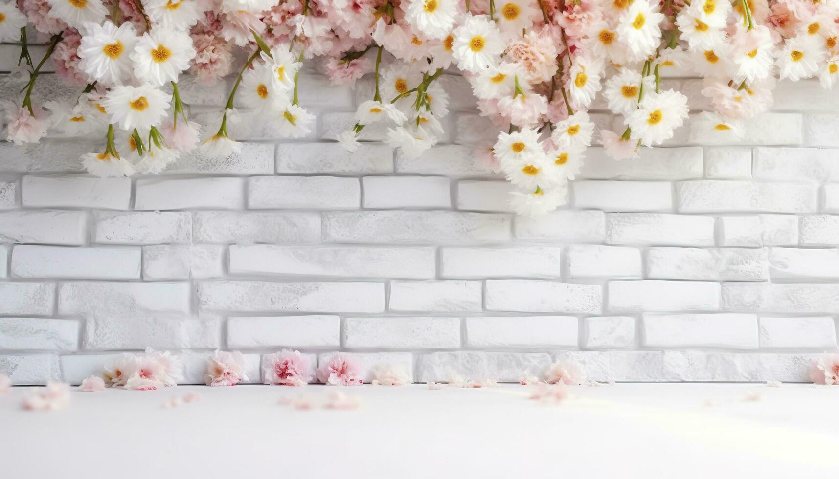Flower texture background for wedding scene. Flowers on white brick wall with free space for text. Wedding or party decoration. Floral arrangement, floristics setting, generate ai photo