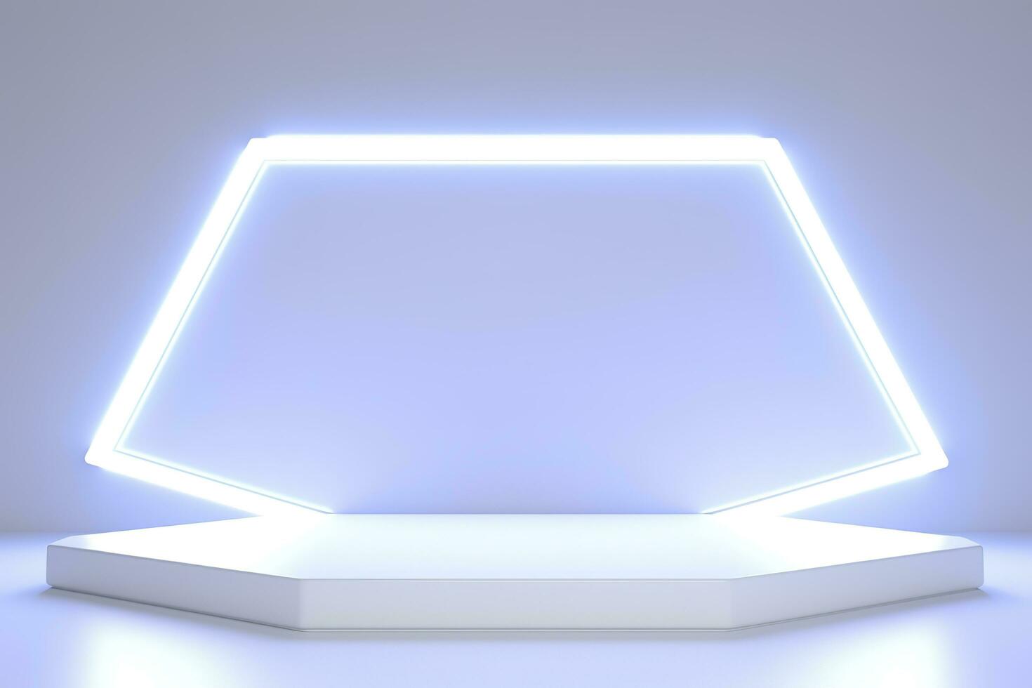 Realistic podium display with neon white lights, Product display background with light frame, White prodium product display with light effect, neon lights background, generate ai photo