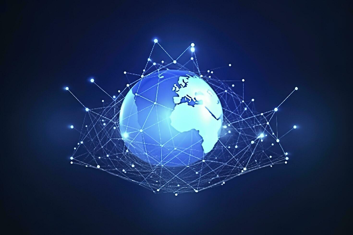 Global network on Earth concept. 3D rendering, World map point. Big data analytics and business concept, world map point and line composition concept of global business, generate ai photo