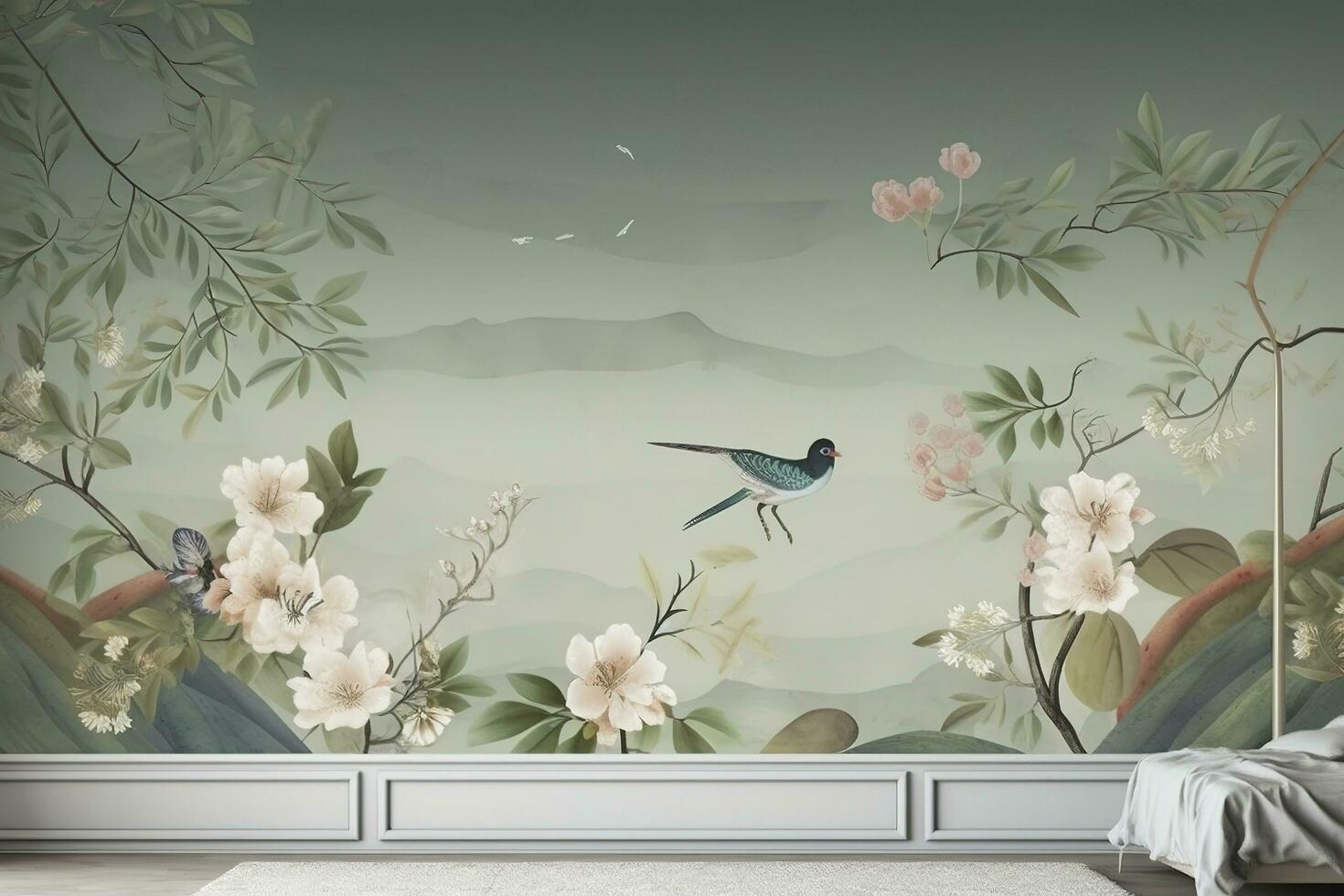 3d floral mural fondo de pantalla con un ligero sencillo antecedentes. ramas de flores, hierbas, aves, y montañas. moderno Arte para pared hogar decoración, generar ai foto