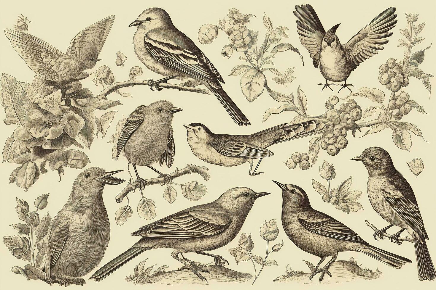 Engraved vintage set of birds elements , generate ai photo