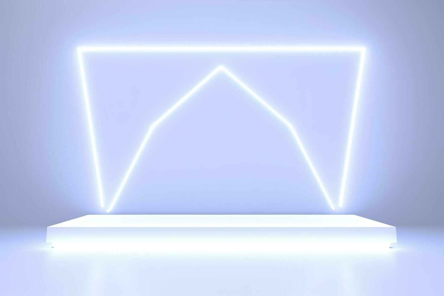 Realistic podium display with neon white lights, Product display background with light frame, White prodium product display with light effect, neon lights background, generate ai photo