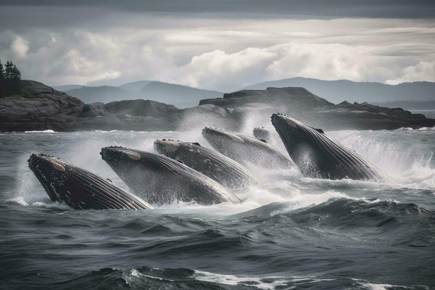 A group of humpback whales breaching, generate ai photo